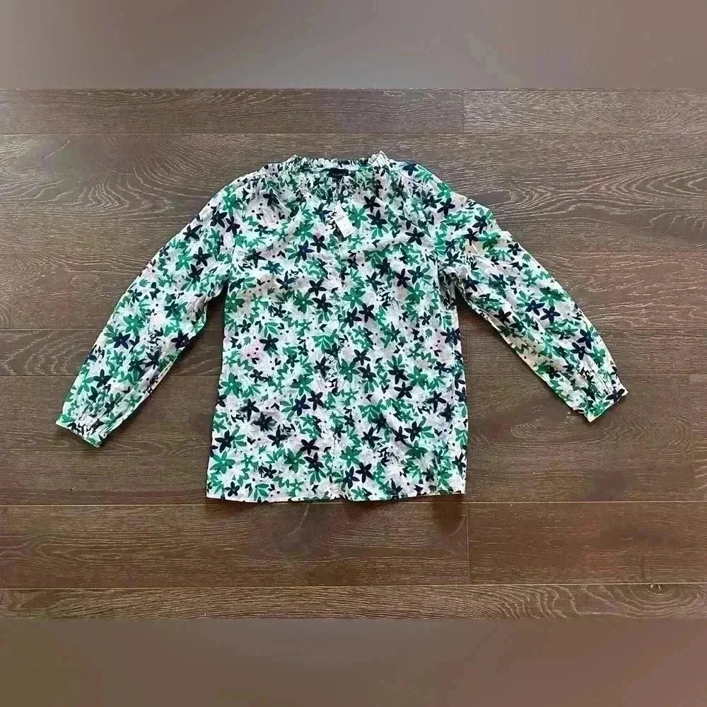 Talbots Lightweight Floral Blouse Size Small 100% Cotton Green Blue White NWT